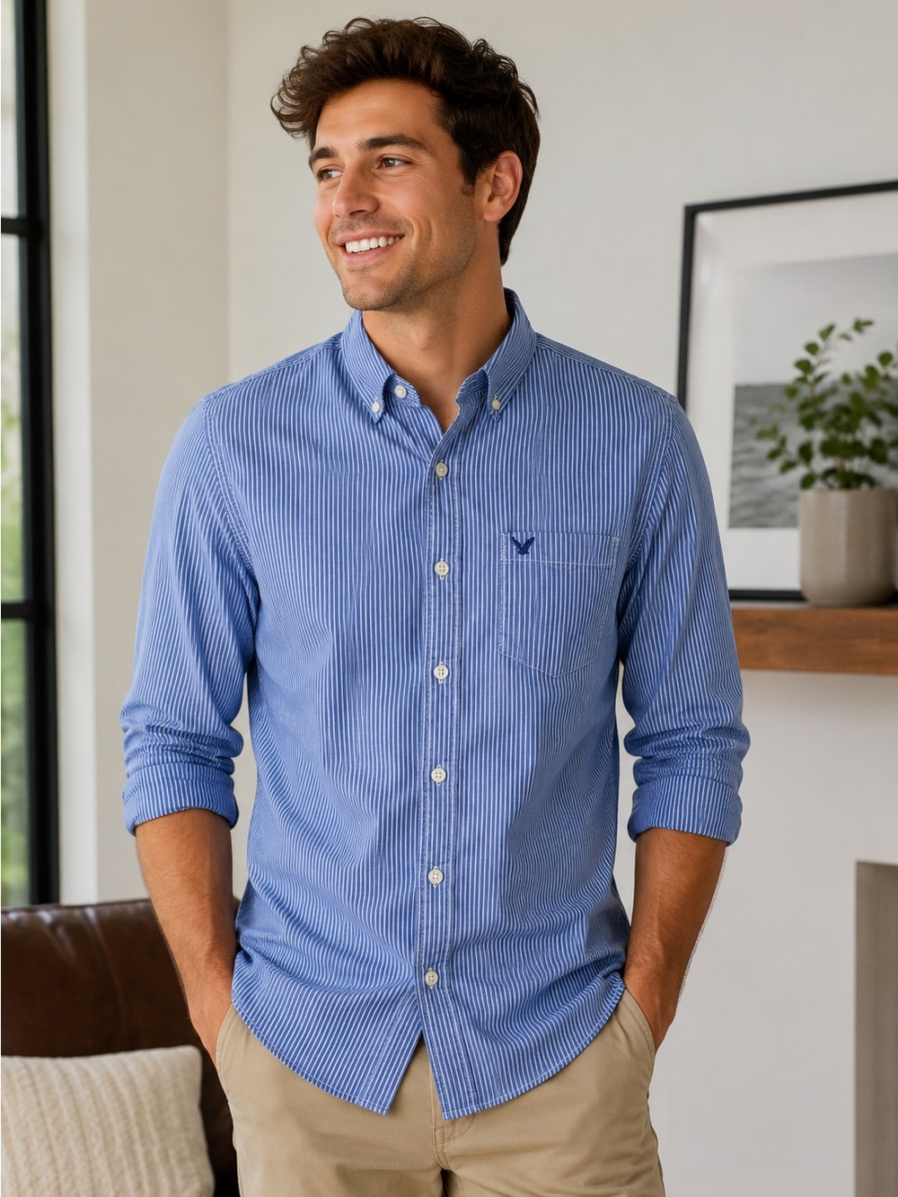 American Eagle Men’s M Blue White Striped Oxford Button Down Shirt Classic Fit
